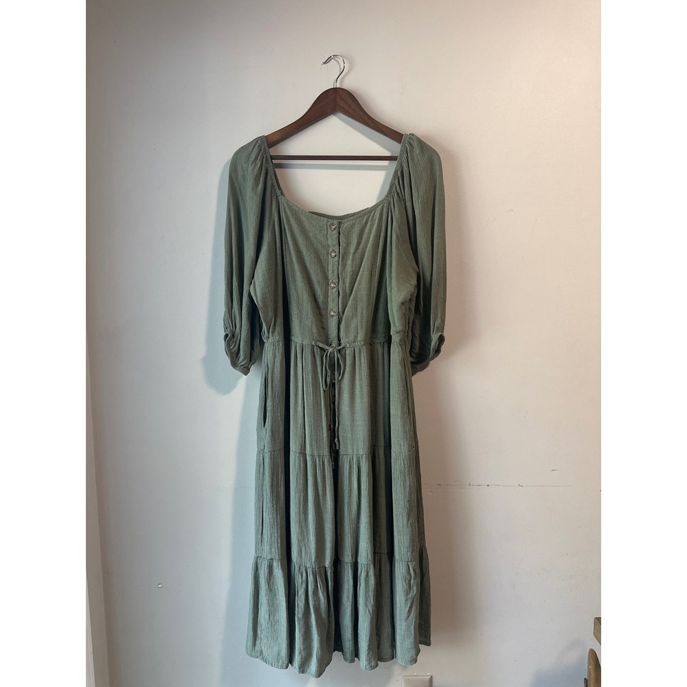 Sage Green Tiered Midi Dress Smocked Back Puff Sleeve Plus Size 1X